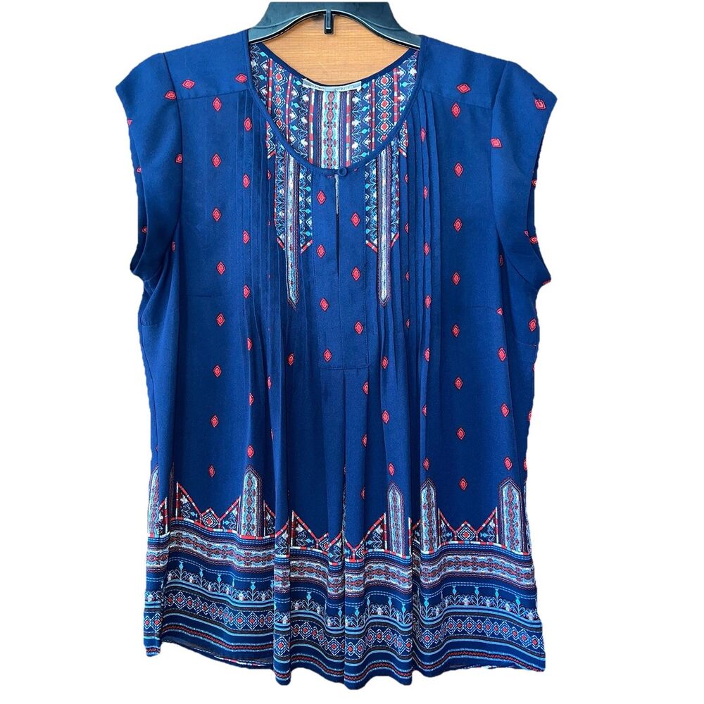 Daniel Rainn Navy Geometric Tunic Shirt Split Neck Blouse Boho Medium